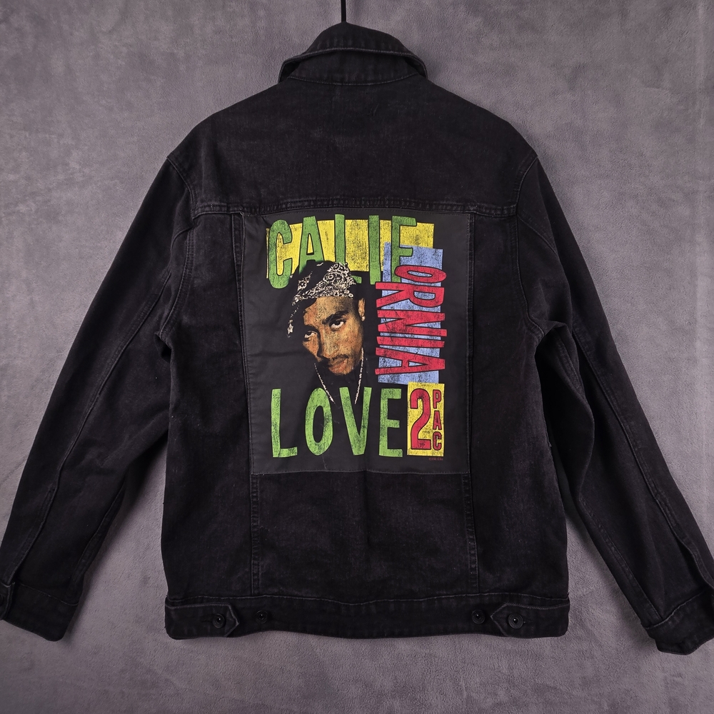 2Pac Cotton On California Love Black Denim Jacket with Graphic Design